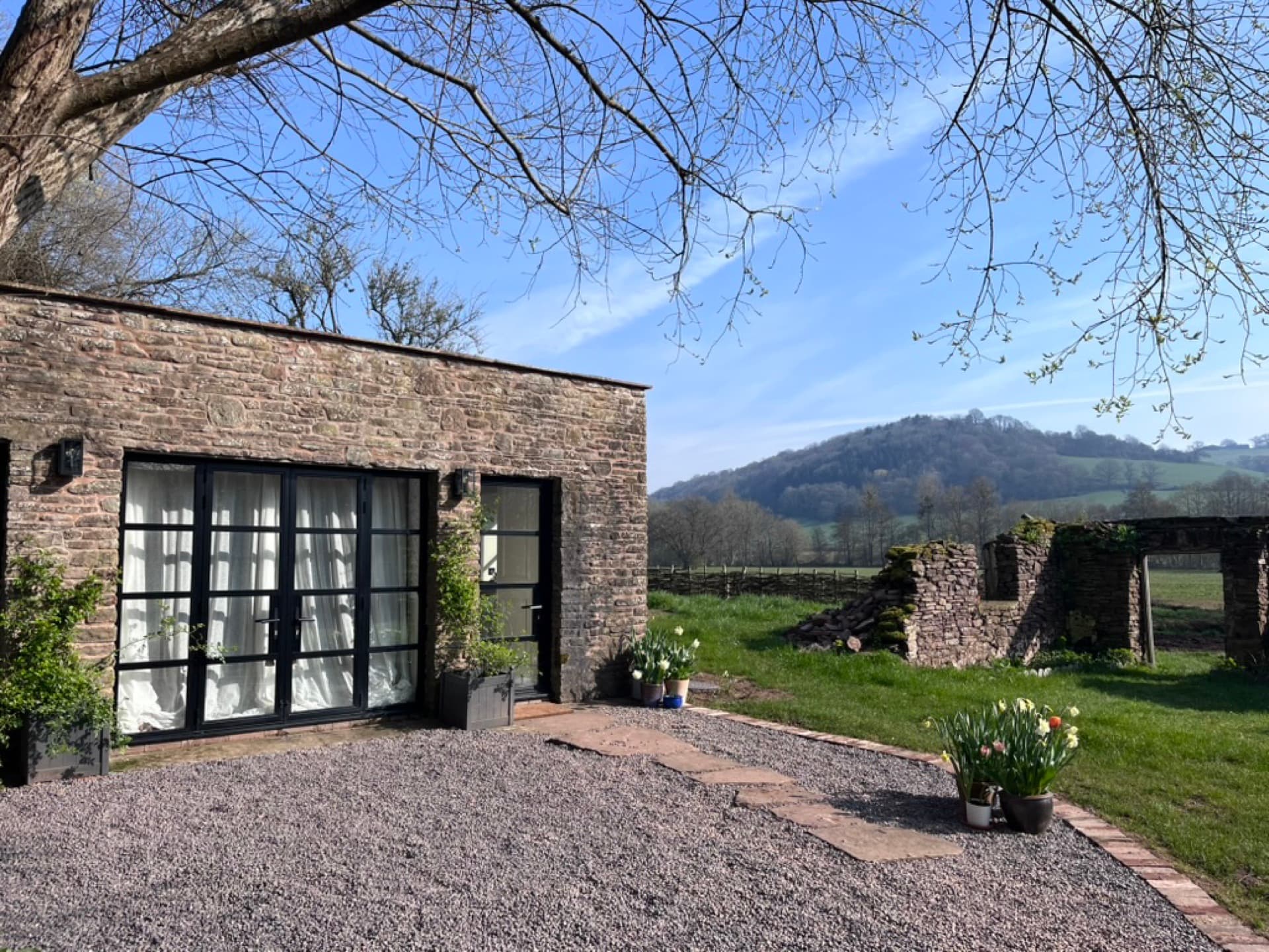 Ruthlin's stone entrance — glazed doors, daffodils and the old ruins behind on a spring morning