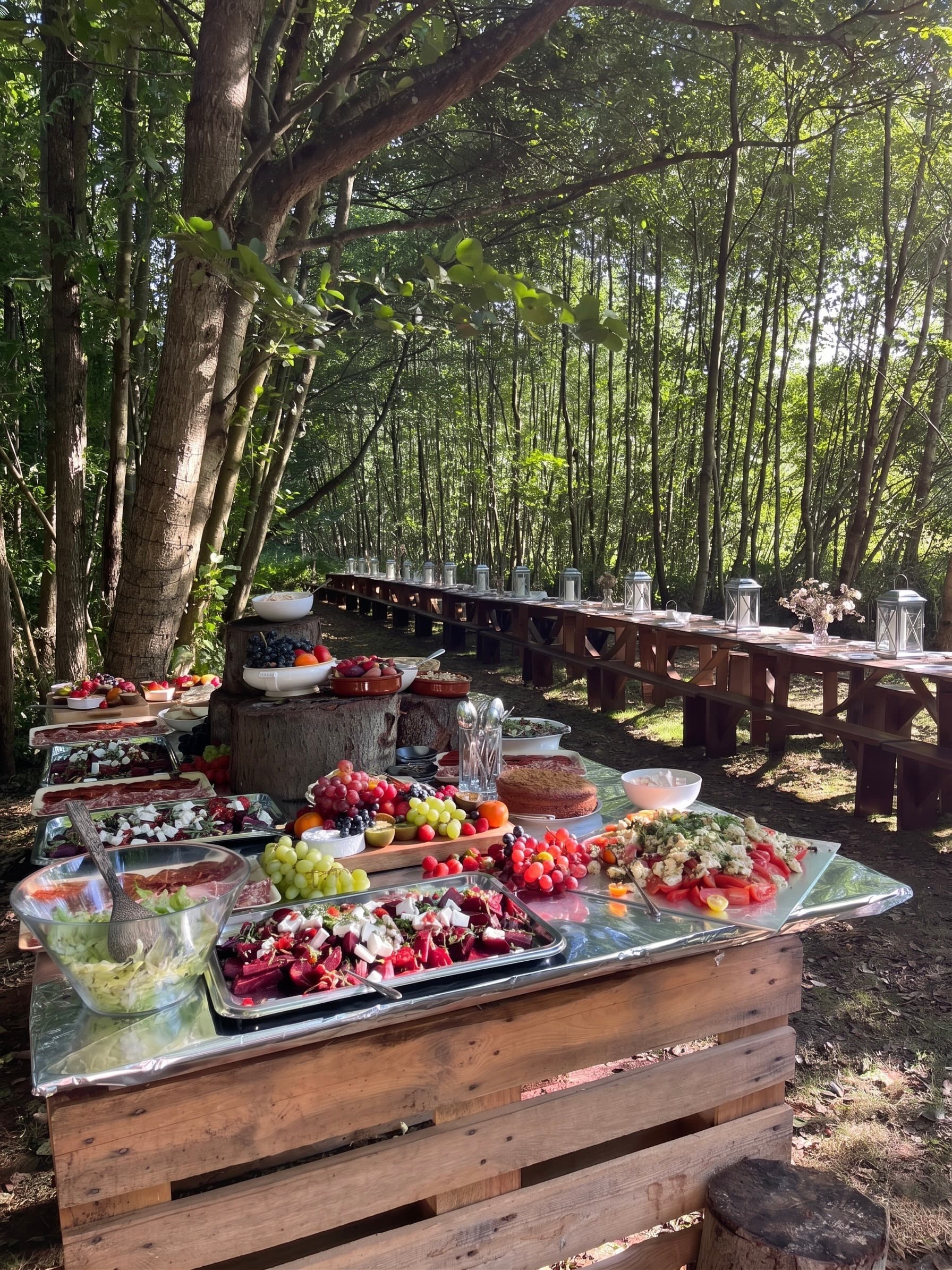 The stone banquet table under the trees at Ruthlin
