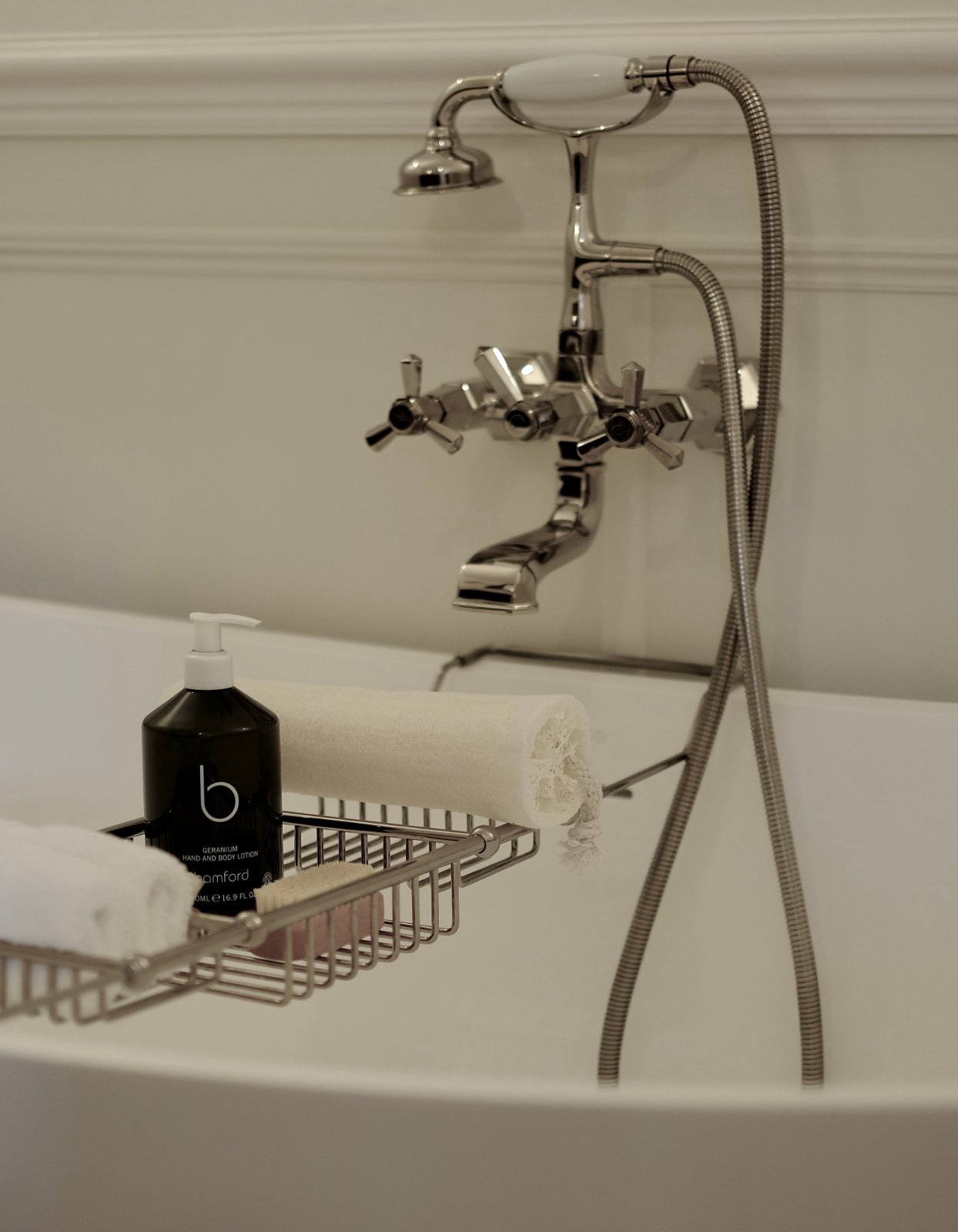 The freestanding bath at Ruthlin, a romantic stay for two in Monmouthshire, with chrome taps and Bamford toiletries